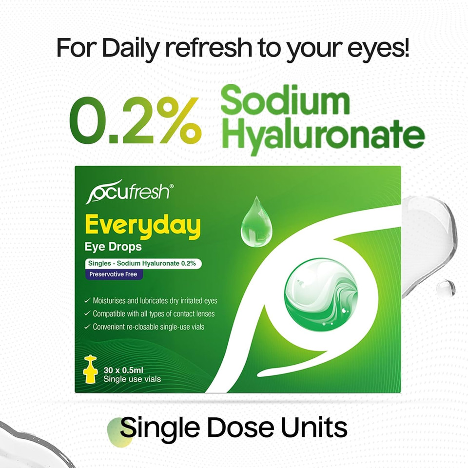 [New Launch] Ocufresh Everyday Single Dose Eye Drops [30 x 0.5ml vials] - Sodium Hyaluronate 0.2% - Daily Care for Dry, Tired, Itchy Eyes - Preservative Free - Contact Lens Friendly - Travel Friendly
