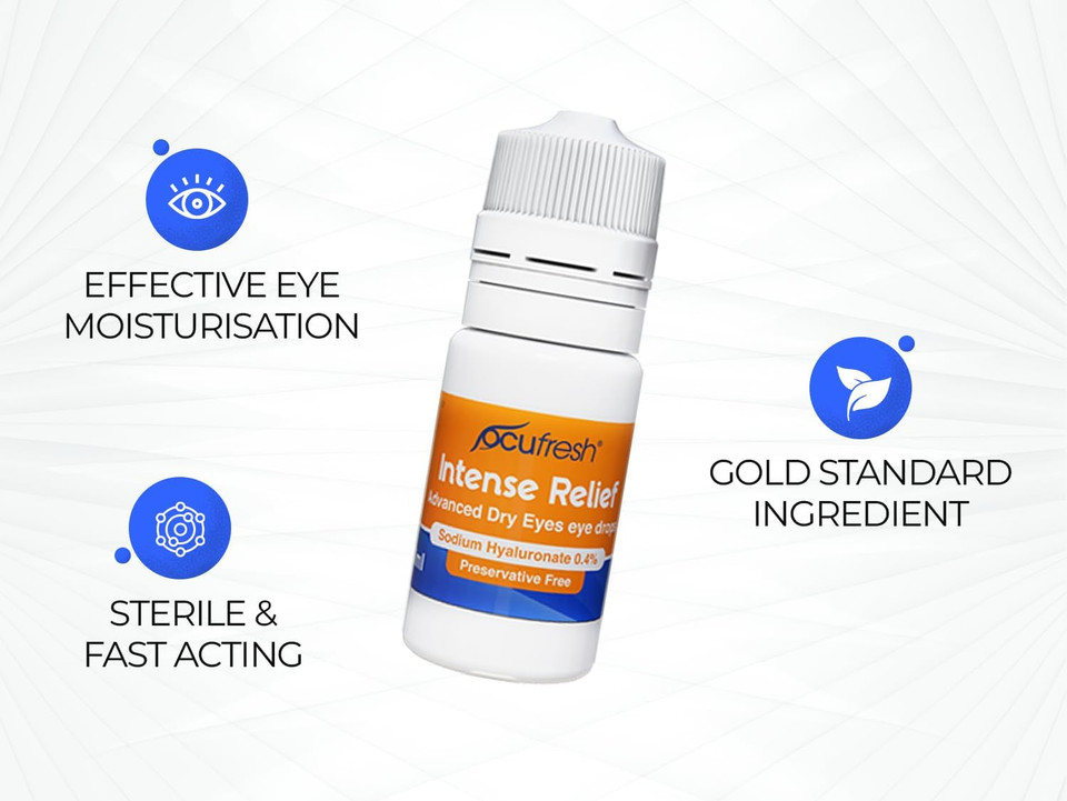 Ocufresh Intense Relief - Eye Drops for Moderate & Severe Dry Eye - Before & After Eye Surgery - 0.4% Sodium Hyaluronate with Vitamin E - Preservative Free & Contact Lens Friendly - 10ml