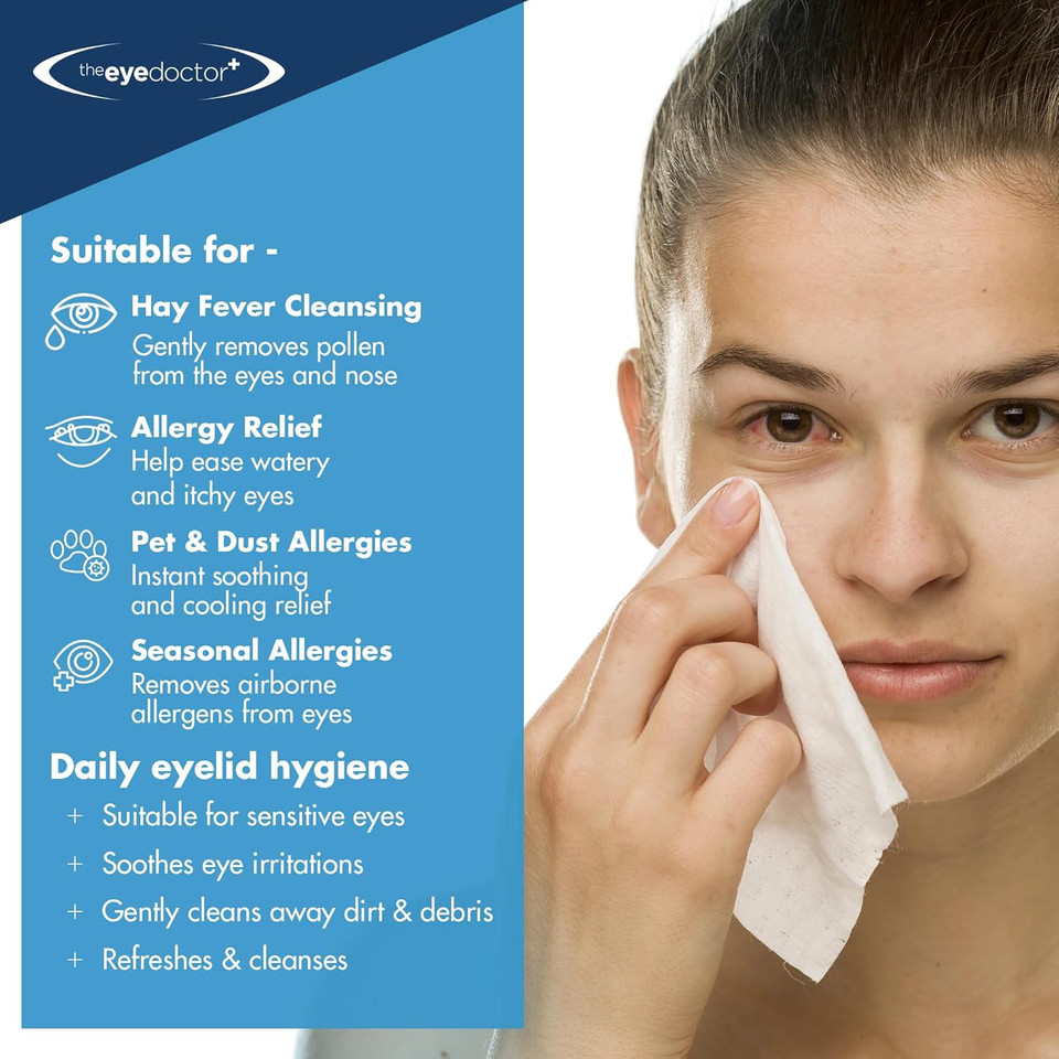 The Eye Doctor Hay Fever Relief Eyelid Wipes - 40x Single Use Eye Wipes for Allergy & Hayfever - Inflammation, Watery Itchy Eyes, Headaches & Migraines - Cooling Soothing Relief