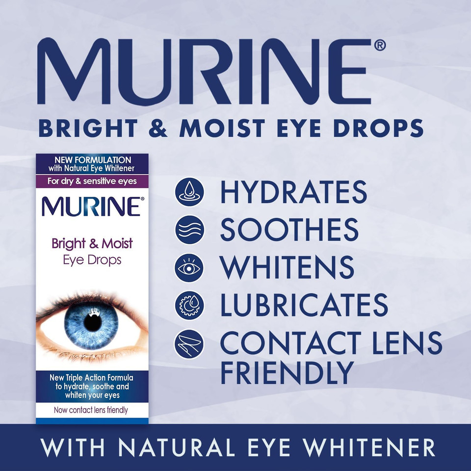 Murine Bright and Moist Eye Drops to whiten eyes as well as hydrating and soothing dry or tired eyes , 15ml