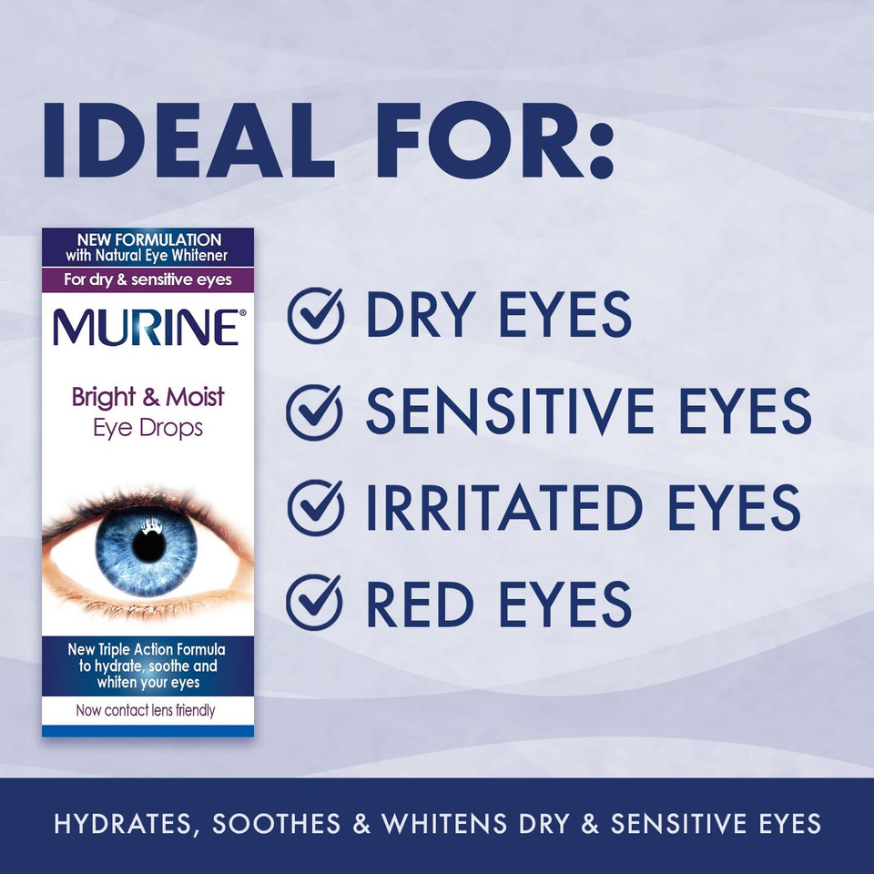 Murine Bright and Moist Eye Drops to whiten eyes as well as hydrating and soothing dry or tired eyes , 15ml