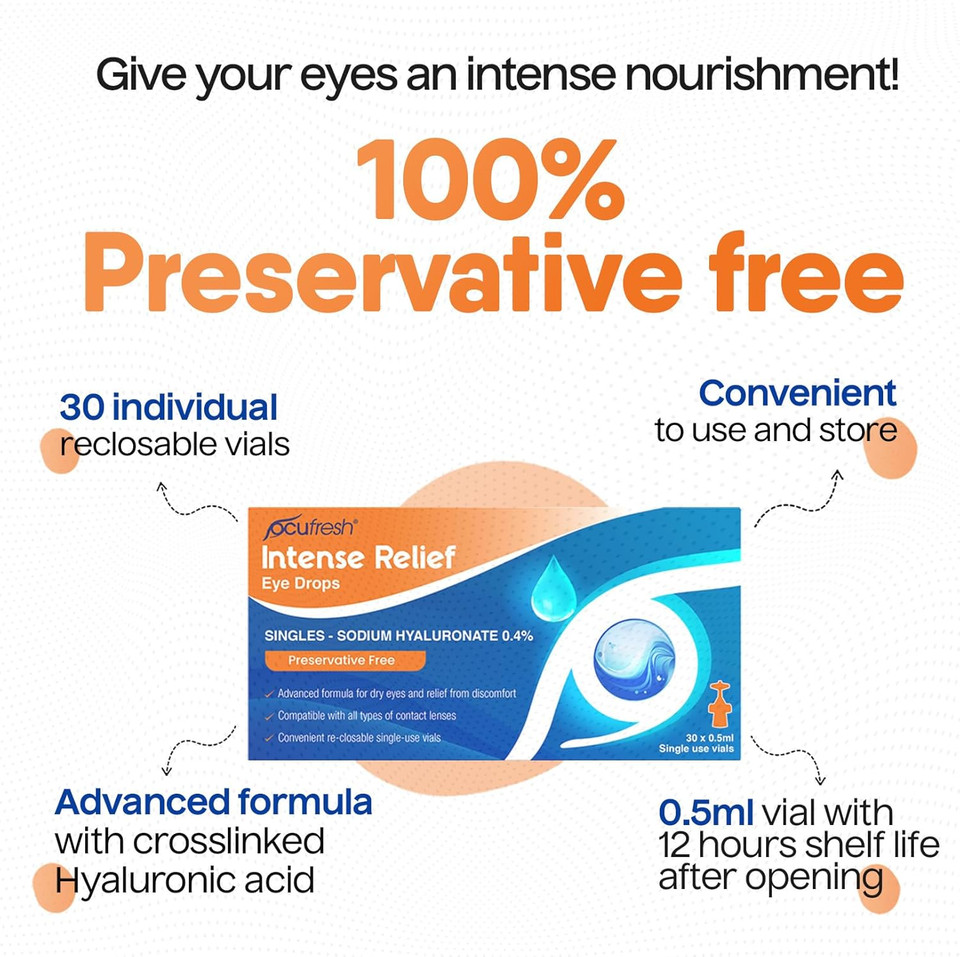 [New Launch] Ocufresh Intense Relief Eye Drops- Single dose [30x0.5ml vials] - Sodium Hyaluronate 0.4% - Advanced Care for Dry, Tired Eyes | Preservative Free | Contact Lens & Travel Friendly