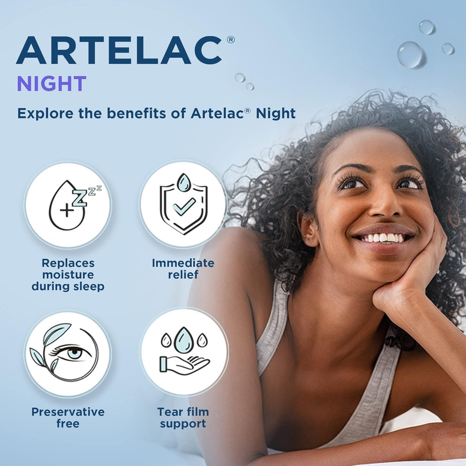 Artelac Night Eye Drops, Symptom Relief for Tired, Dry, Stressed, Gritty, Burning and Tearing Eyes, Preservative Free and Restores Moisture During Sleep, 10ml