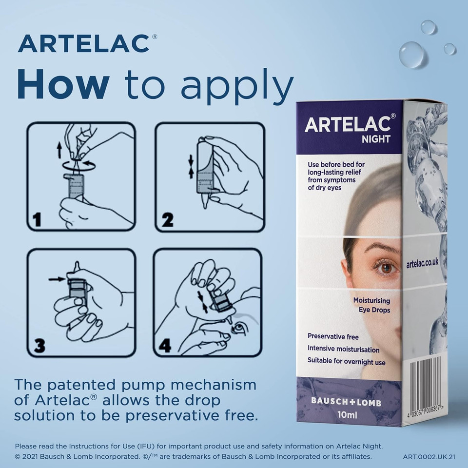 Artelac Night Eye Drops, Symptom Relief for Tired, Dry, Stressed, Gritty, Burning and Tearing Eyes, Preservative Free and Restores Moisture During Sleep, 10ml