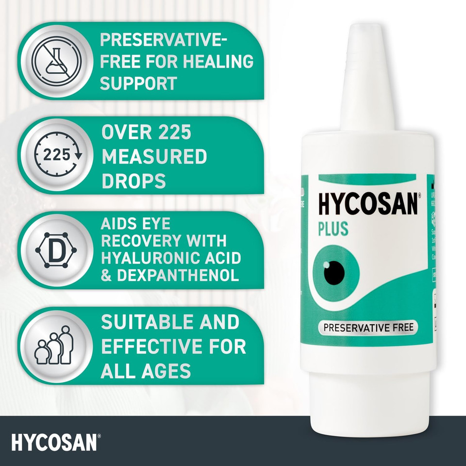 Hycosan Plus - Dry Eye Drops with Hyaluronic Acid and Dexpanthenol for Soothing Hydrating Relief and Healing Support for Eyes Recovering from Injury or Surgery - Preservative Free - 225 Measured Doses