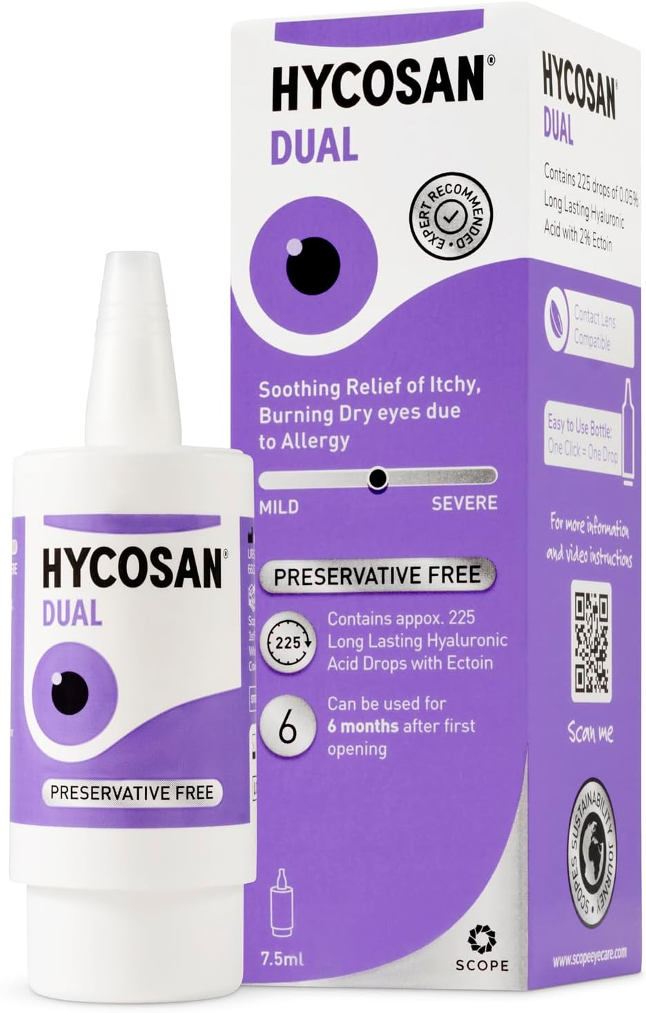 Hycosan Dual - Double Action Eye Drops with Hyaluronic Acid and Ectoin for Soothing Relief of Itchy, Burning or Dry Eyes Due to Allergens - Preservative Free - 225 Measured Doses