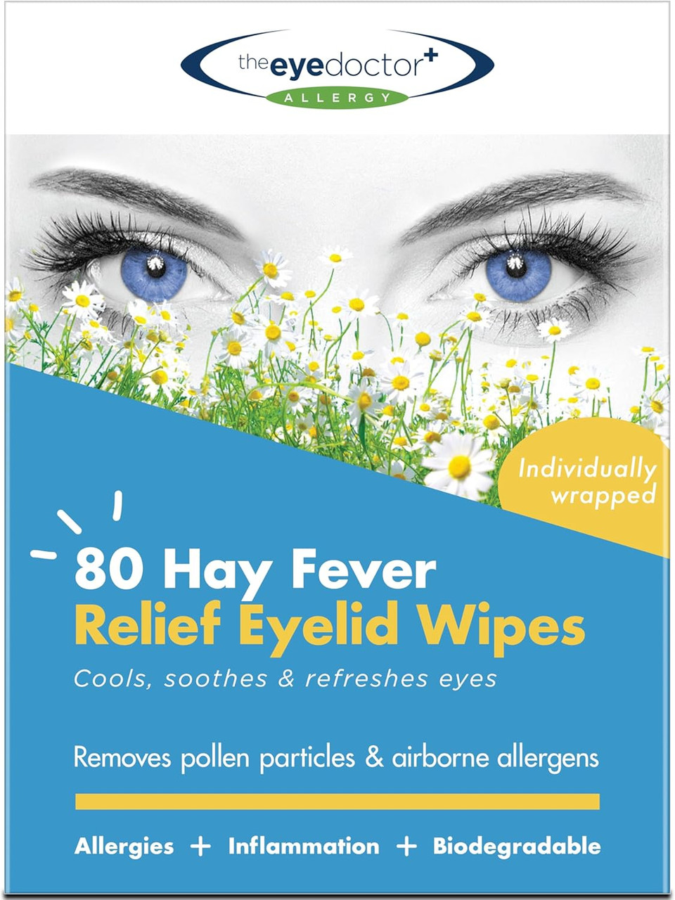 The Eye Doctor Hay Fever Relief Eyelid Wipes - 80x Single Use Eye Wipes for Allergy & Hayfever - Inflammation, Watery Itchy Eyes, Headaches & Migraines - Cooling Soothing Relief