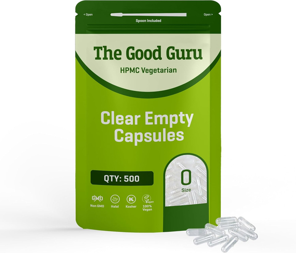 The Good Guru Clear Empty Vegetarian Capsules Size 0 | Qty Gluten Free, Non-GMO, Includes Micro Lab Spoon (1000)