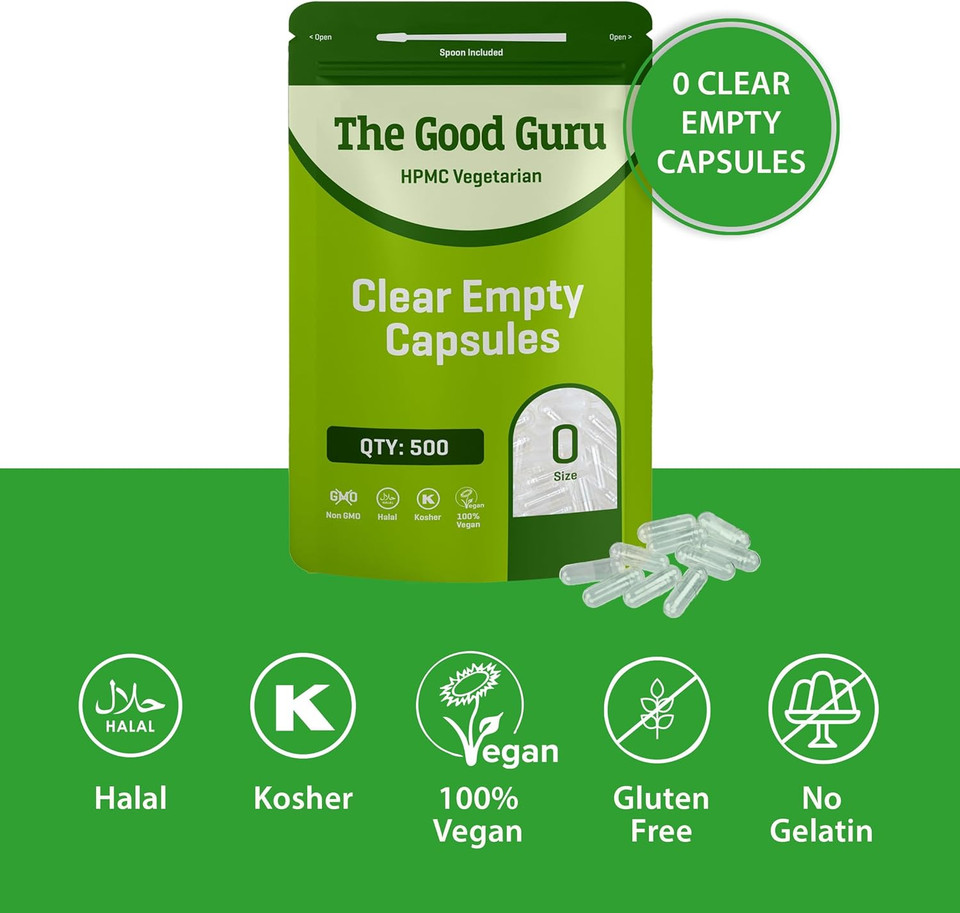 The Good Guru Clear Empty Vegetarian Capsules Size 0 | Qty Gluten Free, Non-GMO, Includes Micro Lab Spoon (1000)