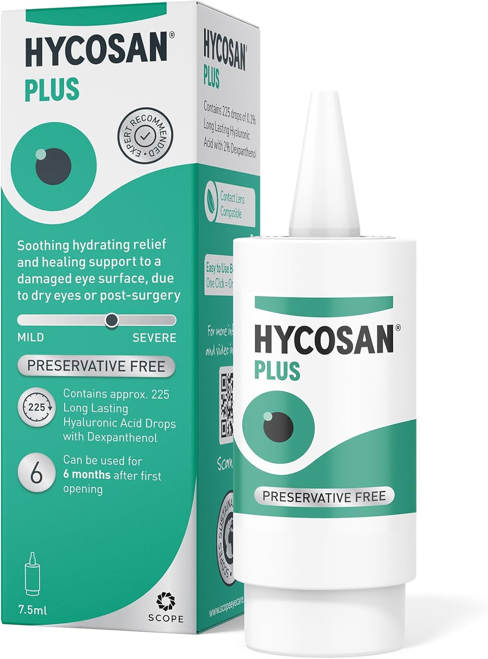 Hycosan Plus - Twin Pack - Dry Eye Drops with Hyaluronic Acid and Dexpanthenol for Relief and Healing Support for Eyes Recovering from Injury or Surgery - Preservative Free  2 x 225 Measured Doses