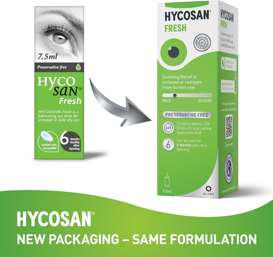 Hycosan Fresh - Triple Pack - Eye Drops with Hyaluronic Acid for Soothing Relief of Mild Dry Eyes, Irritation, or Redness from Screen Use - Preservative Free - 3x225 Measured Doses Hycosan Fresh - Triple Pack - Eye Drops with Hyaluronic Acid for Soothing Relief of Mild Dry Eyes, Irritation, or Redness from Screen Use - Preservative Free - 3x225 Measured Doses