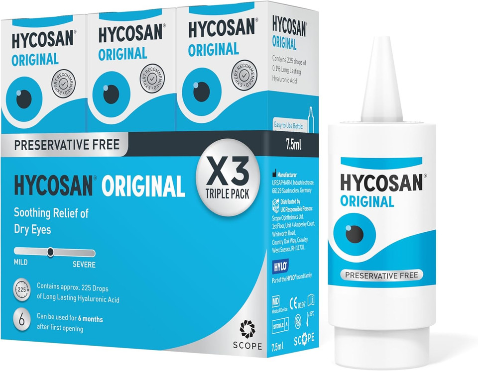 Hycosan Original - Triple Pack - Eye Drops with Hyaluronic Acid for Treatment and Rapid Relief of Mild to Moderate Dry Eyes - Preservative Free - 3 x 225 Measured Doses Hycosan Original - Triple Pack - Eye Drops with Hyaluronic Acid for Treatment and Rapid Relief of Mild to Moderate Dry Eyes - Preservative Free - 3 x 225 Measured Doses