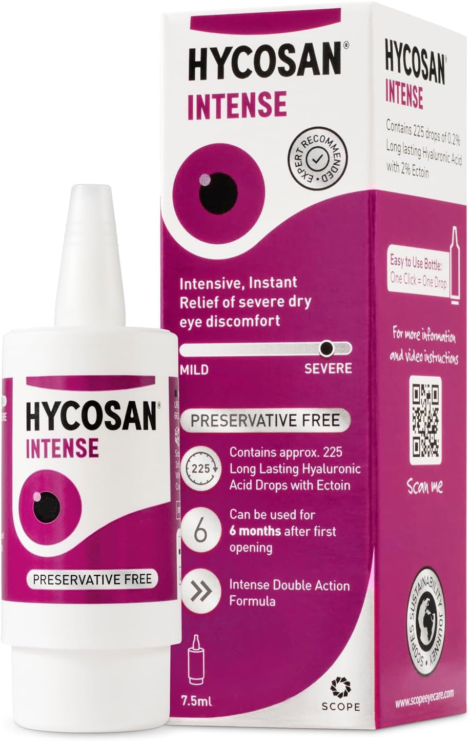Hycosan Intense - Eye Drops for Long-Lasting, Intensive Lubrication and Instant Relief for Itchy, Burning Sensation and Severe Dry Eyes - Preservative Free - 225 Measured Doses