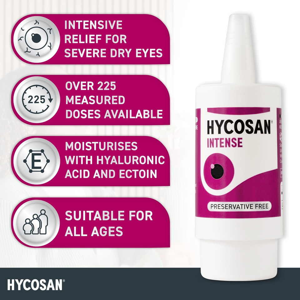 Hycosan Intense - Eye Drops for Long-Lasting, Intensive Lubrication and Instant Relief for Itchy, Burning Sensation and Severe Dry Eyes - Preservative Free - 225 Measured Doses