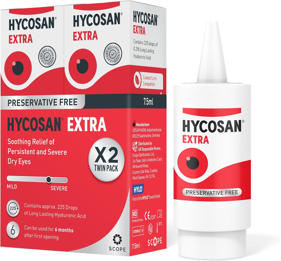 Hycosan Extra - Triple Pack - Eye Drops with Hyaluronic Acid for Soothing Relief of Severe and Persistent Dry Eyes - Contact Lens Compatible - Preservative Free - 3 x 225 Measured Doses Hycosan Extra - Triple Pack - Eye Drops with Hyaluronic Acid for Soothing Relief of Severe and Persistent Dry Eyes - Contact Lens Compatible - Preservative Free - 3 x 225 Measured Doses