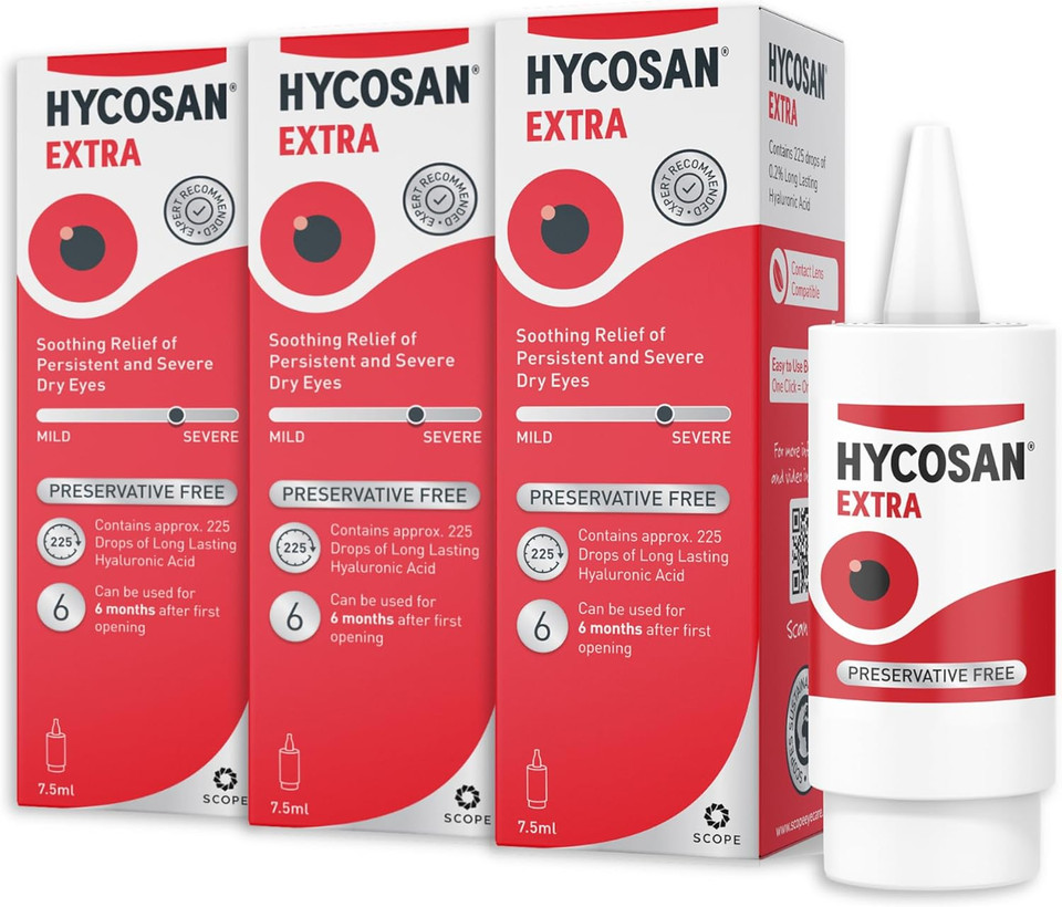 Hycosan Extra - Eye Drops with Hyaluronic Acid for Soothing Relief of Severe and Persistent Dry Eyes - Contact Lens Compatible - Preservative Free - 3 x 225 Measured Doses Hycosan Extra - Eye Drops with Hyaluronic Acid for Soothing Relief of Severe and Persistent Dry Eyes - Contact Lens Compatible - Preservative Free - 3 x 225 Measured Doses