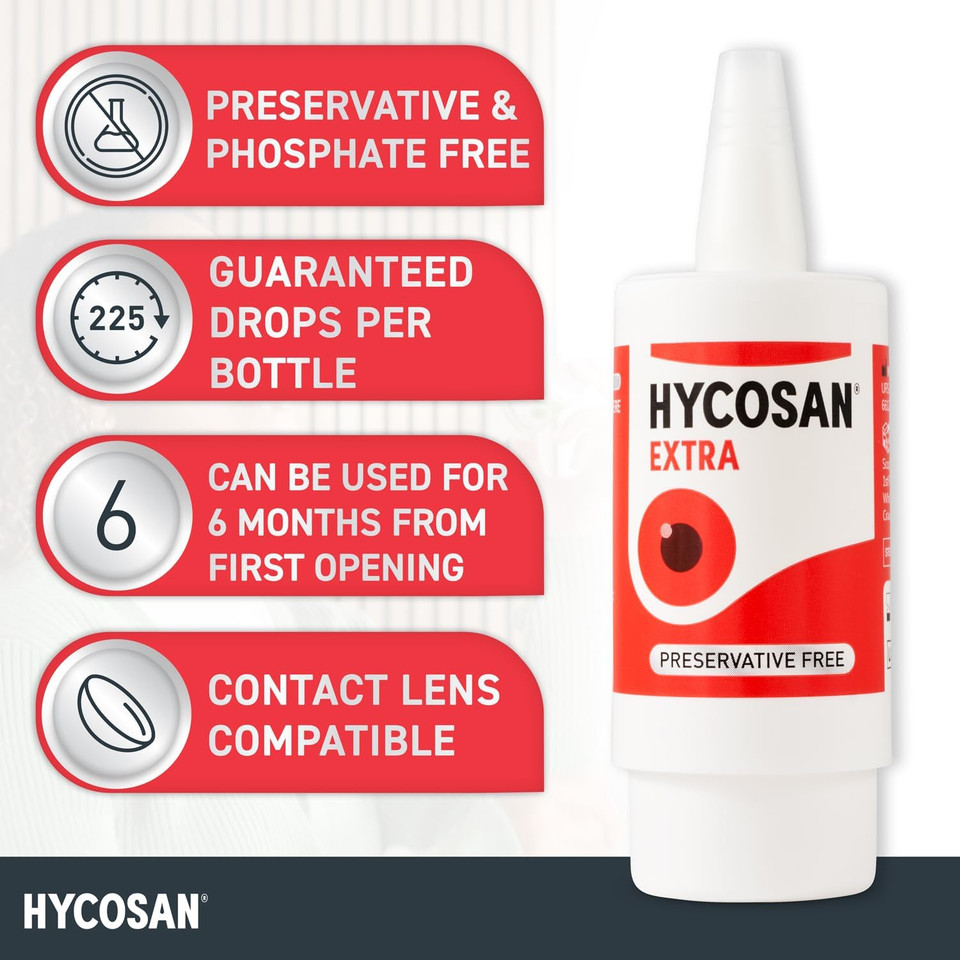 Hycosan Extra - Eye Drops with Hyaluronic Acid for Soothing Relief of Severe and Persistent Dry Eyes - Contact Lens Compatible - Preservative Free - 3 x 225 Measured Doses Hycosan Extra - Eye Drops with Hyaluronic Acid for Soothing Relief of Severe and Persistent Dry Eyes - Contact Lens Compatible - Preservative Free - 3 x 225 Measured Doses
