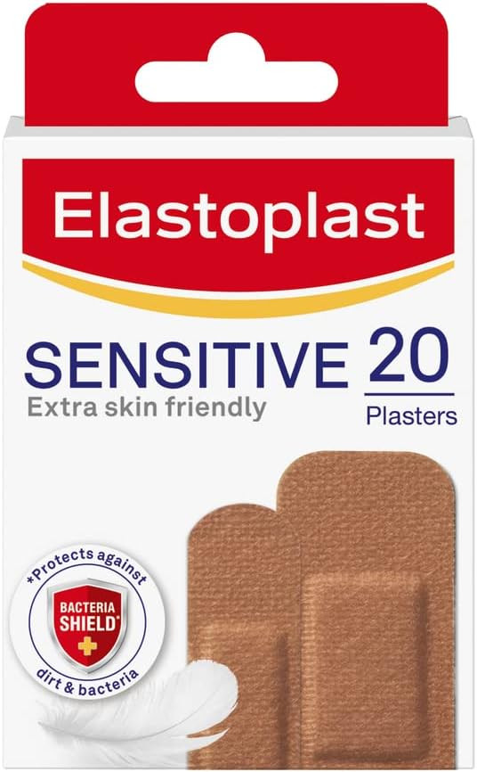 Elastoplast Sensitive Hypoallergenic Plasters Medium (20 Pieces), Everyday Wound Care for Painless Removal, Soft and Breathable Fabric, Strong Adhesive, Medium Skin Tone, for Sensitive Skin