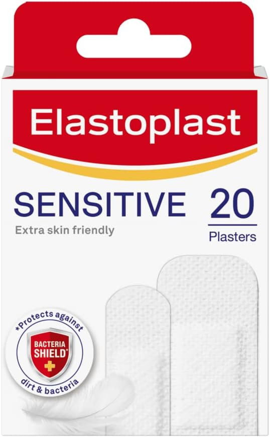 Elastoplast Sensitive Hypoallergenic Plasters (20 Pieces), for Painless Removal, Soft and Breathable Fabric Plasters, Protects and Cushions The Wound, White