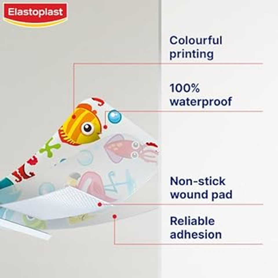 Elastoplast Aqua Protect Kids Plasters (20 Strips), 100% Waterproof and Flexible Plasters with Colourful Marine Designs for Minor Wounds, for Children