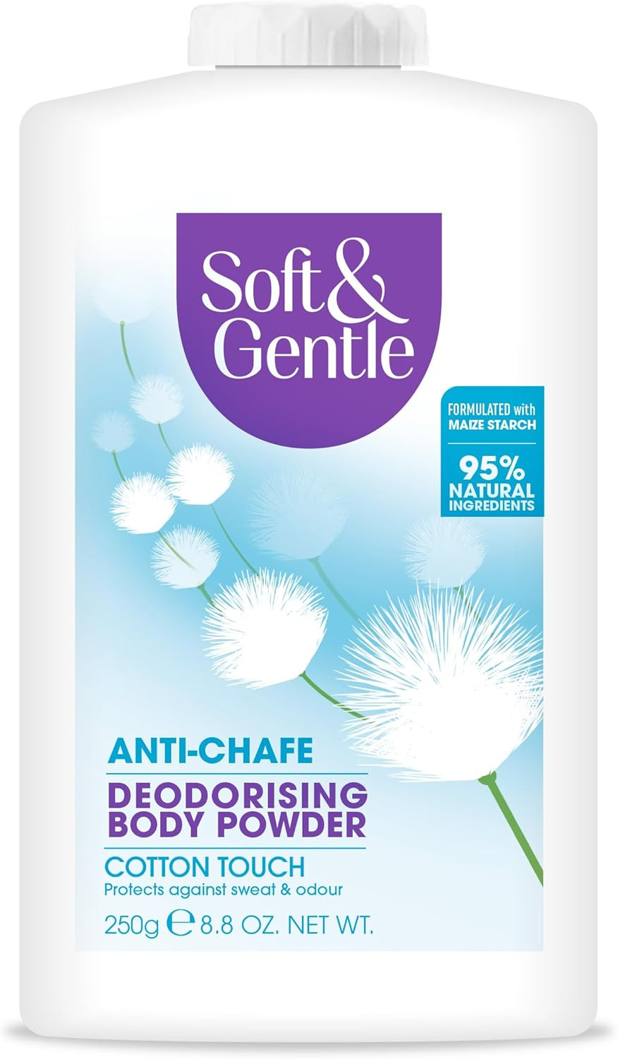 SOFT & GENTLE Fresh Cotton Talc Free Cotton Body Powder 250g, Deodorising Personal Hygiene Against Moisture, Friction and Odour, Prevent Smudging After Self-Tanning and Facial Makeup