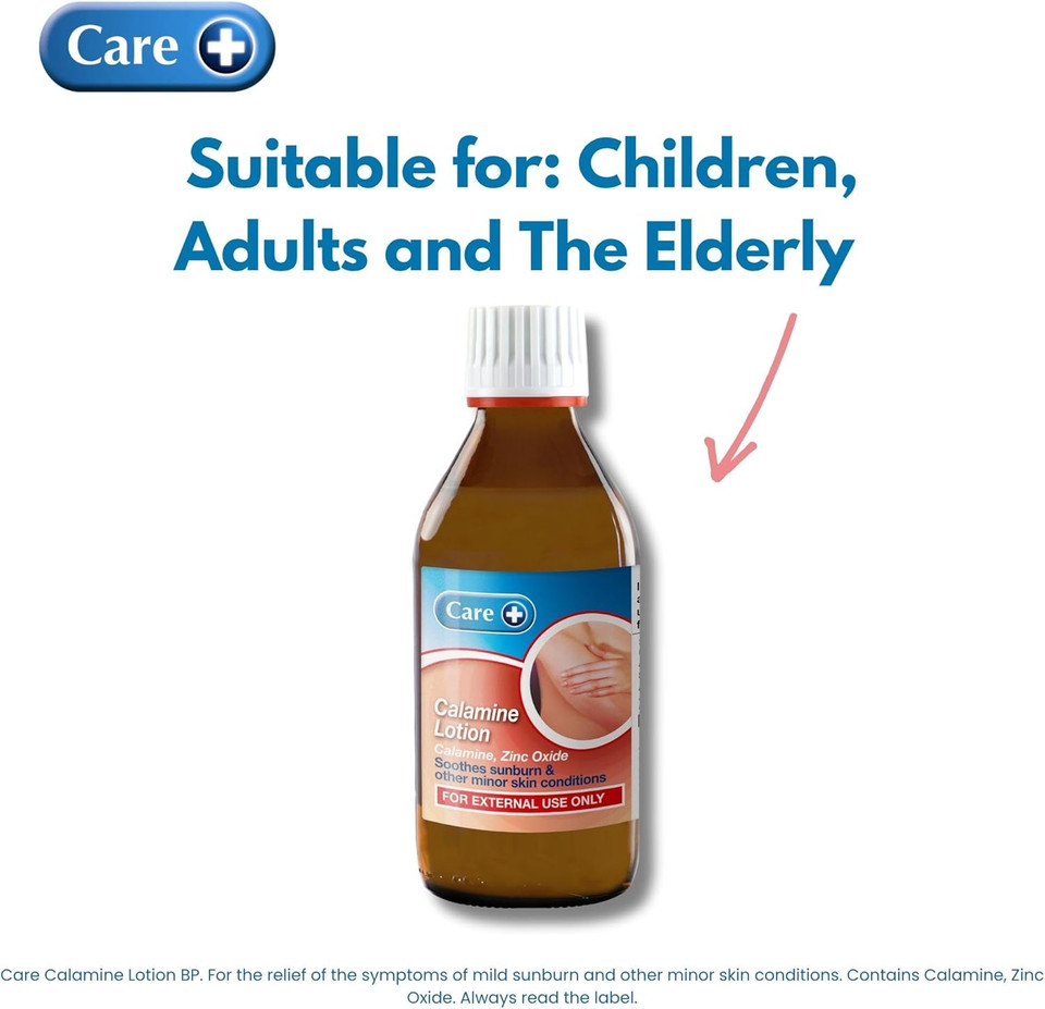 Care Calamine Lotion 200ml, Mild Antiseptic and Astringent, Relieves Symptoms of Suburn and Minor Skin Conditions, Soothes Eczema, Rashes and Chickenpox