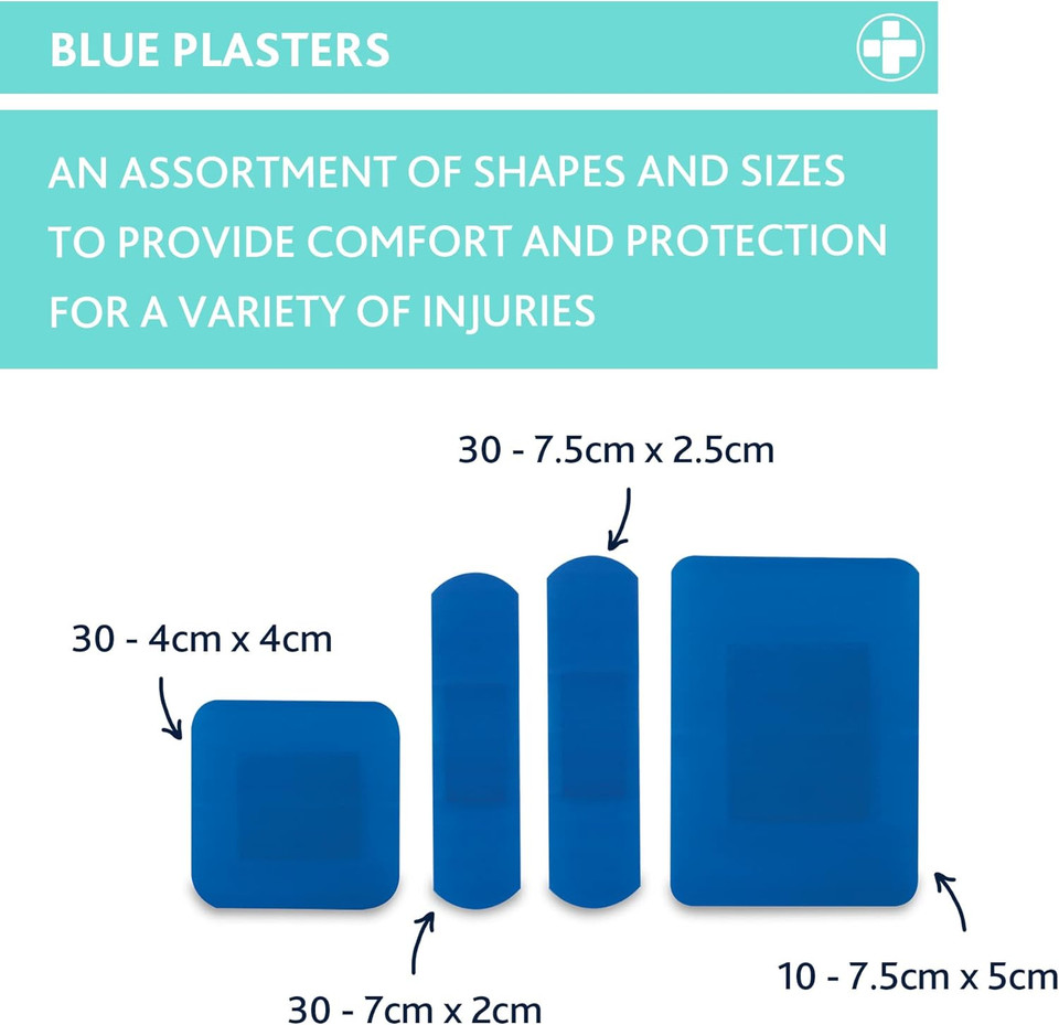 Dependaplast Food Area Blue Plasters With High Visibility And Metal Detection Properties, Easily Detectable, Individually Wrapped - Assorted Box of 100 Dependaplast Food Area Blue Plasters With High Visibility And Metal Detection Properties, Easily Detectable, Individually Wrapped - Assorted Box of 100