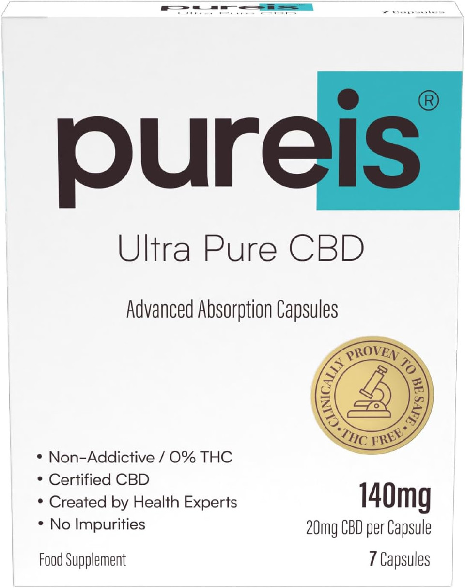 Pureis CBD Capsules, Ultra Pure, Advanced Absorption - CBD Supplement Fast Absorption - 20mg - 0% THC, Non-Addictive, Vegan, Gluten-Free - 7 Capsules