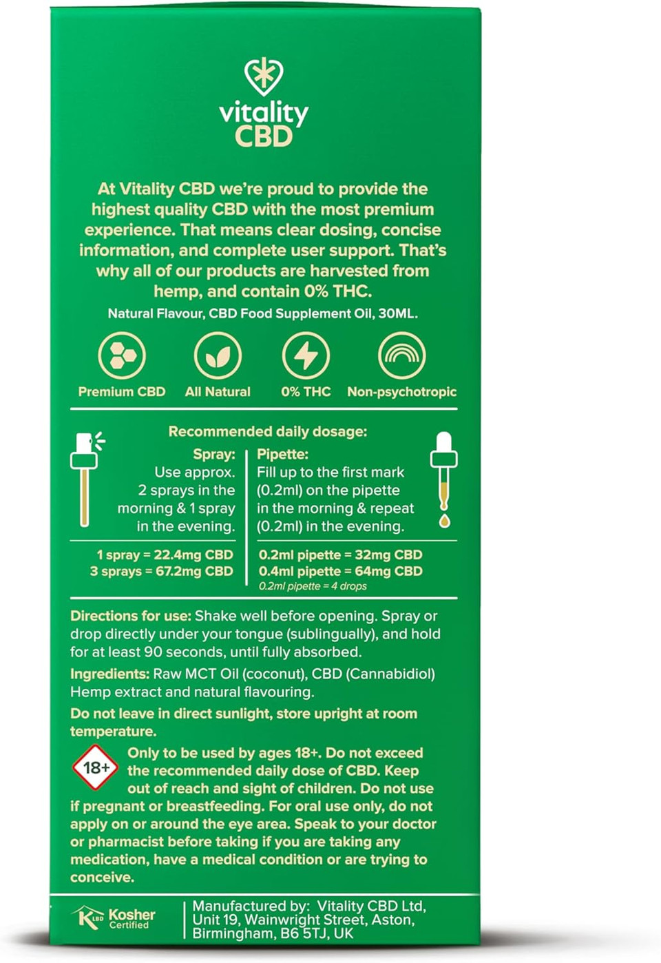 Vitality CBD Oral Spray in MCT Oil, 600 mg, Lemon, 30 ml, NO THC