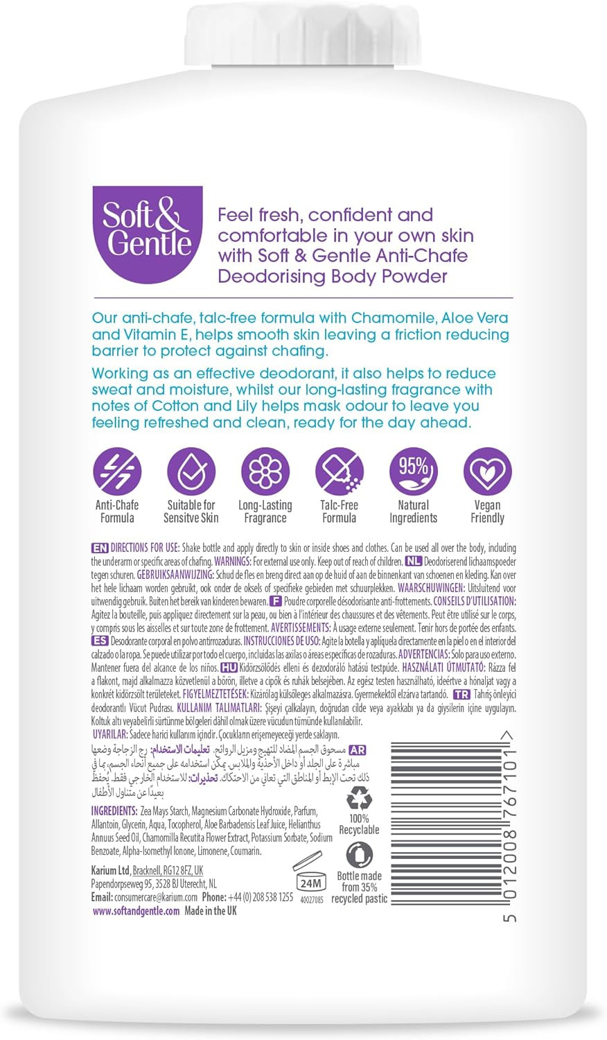 SOFT & GENTLE Fresh Cotton Talc Free Cotton Body Powder 250g, Deodorising Personal Hygiene Against Moisture, Friction & Odour, Prevent Smudging After Self-Tanning & Facial Makeup, Baby Powder