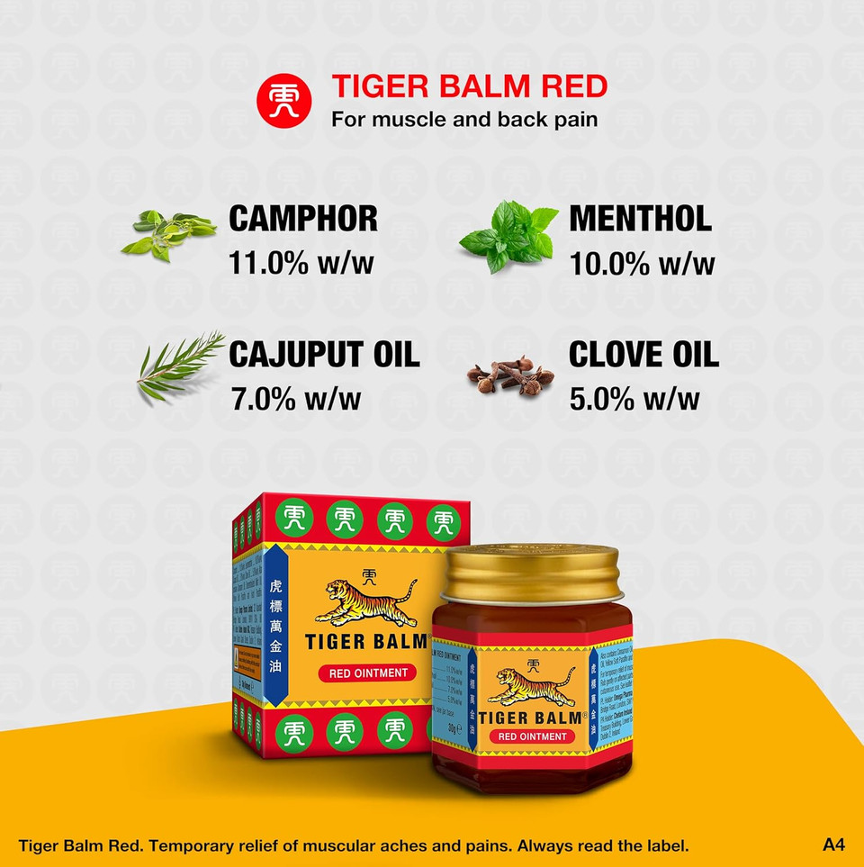 Tiger Balm Red Ointment, Temporary Relief from Minor Muscular Aches and Pains, 30 g (Pack of 1)