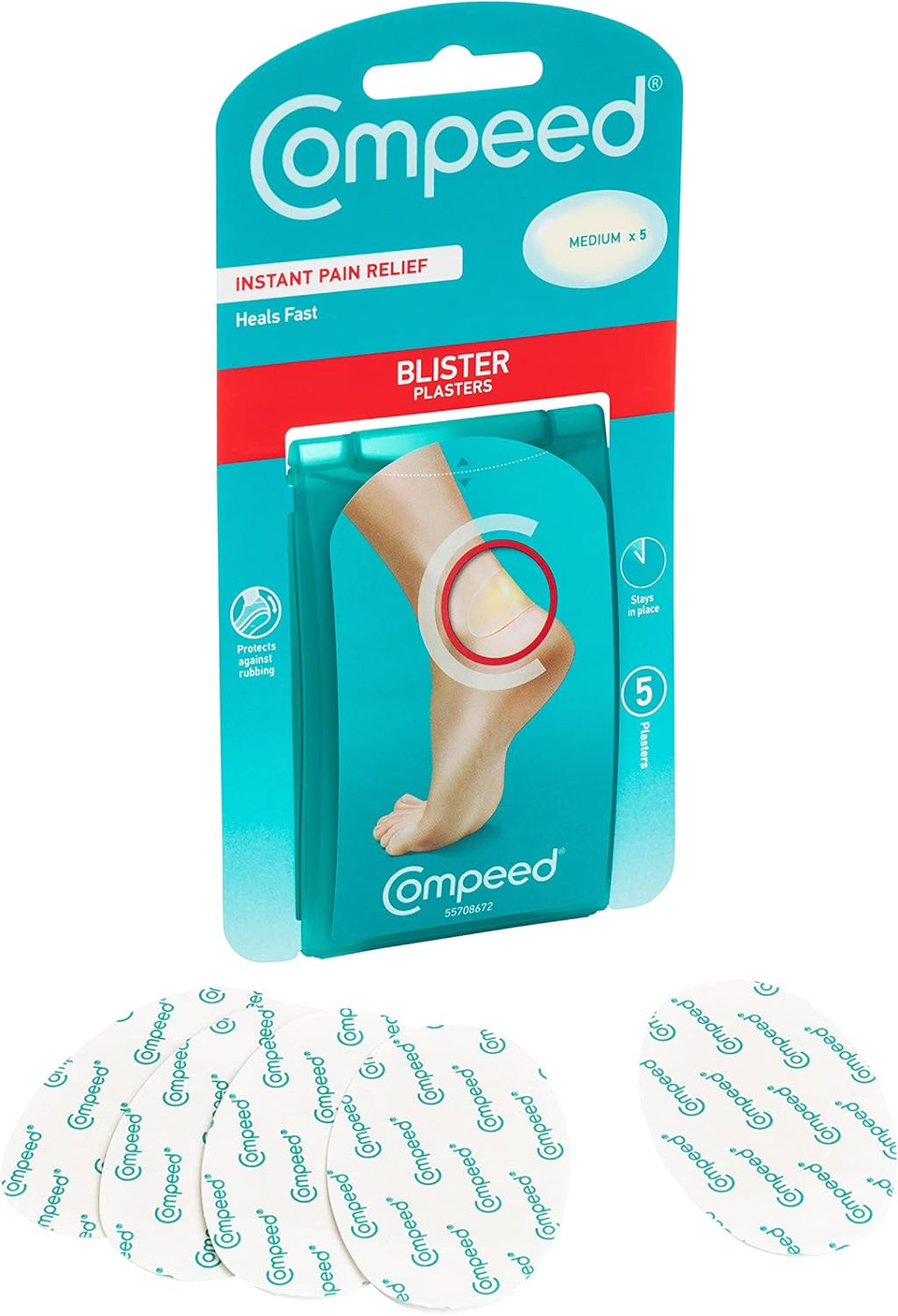 Compeed Medium Size Blister Plasters, 5 Hydrocolloid Plasters, Foot Treatment, Heal fast, Dimensions: 4.2 cm x 6.8 cm (Pack of 2)