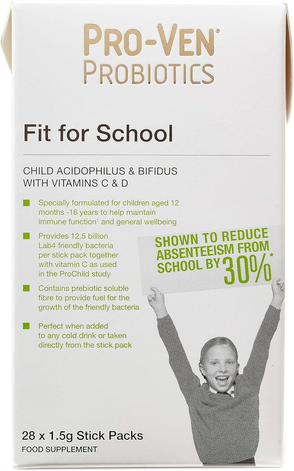 Pro-Ven Probiotics for Children (3-16) Fit for School Immune Health 12.5 Billion CFU Friendly Bacteria, Vitamin C & Vitamin D Supplement 14 Powder Sachets