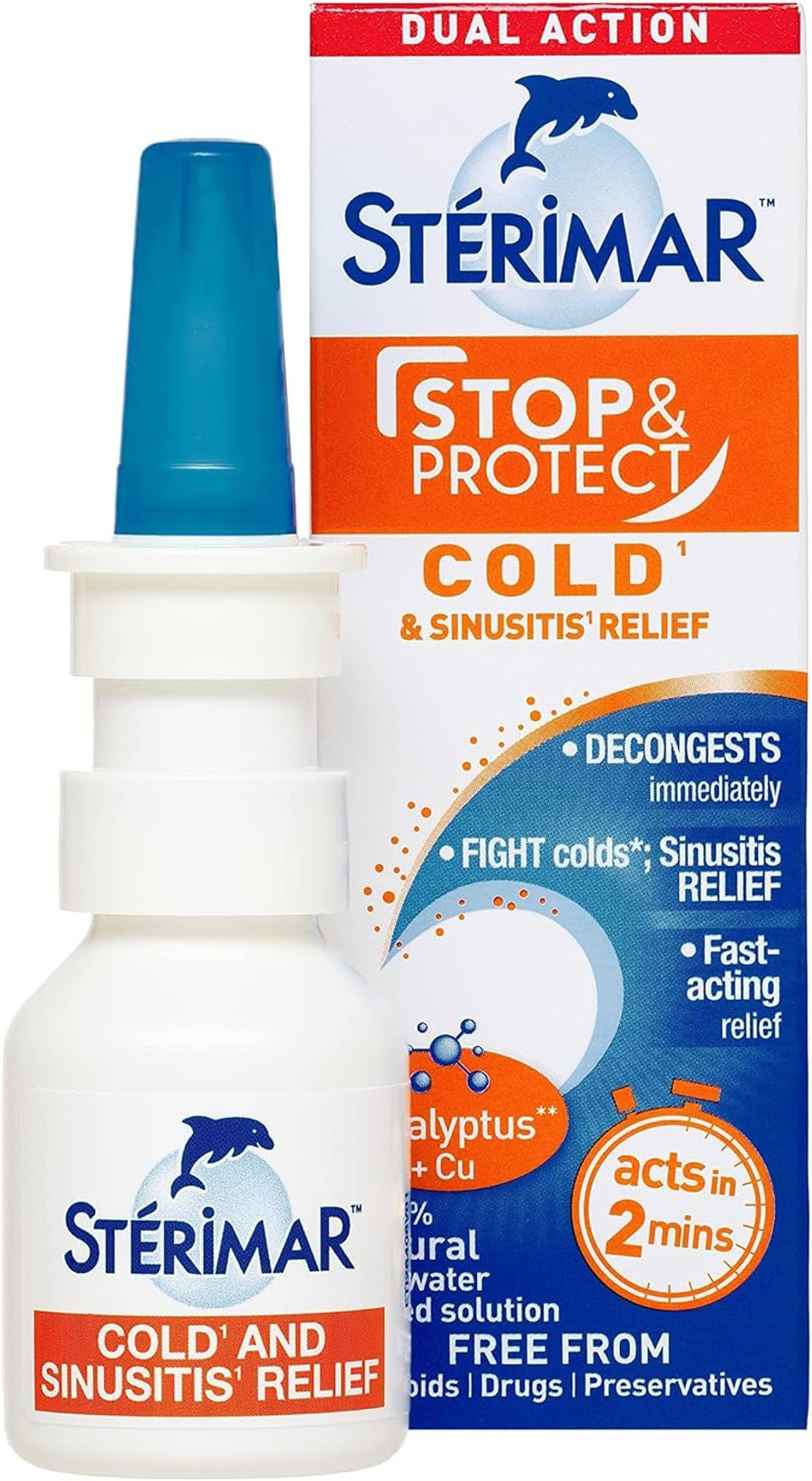 Sterimar Stop and Protect Cold and Sinusitis Relief, 100% Natural Sea Water Nasal Spray with Copper and Eucalyptus, 20 ml