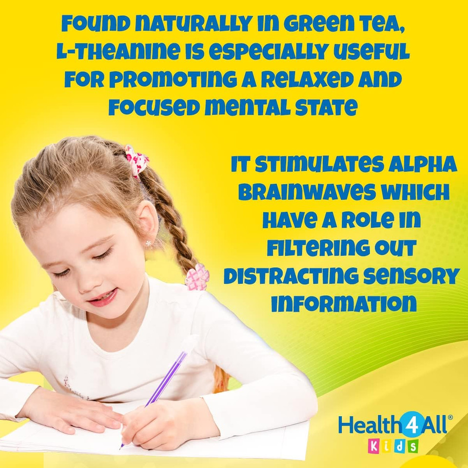 Health4All Kids L-Theanine 50mg 90 Tablets. Focus for Children. Supports Attention & Concentration. Natural Orange Flavour Chewable L-Theanine. Vegan