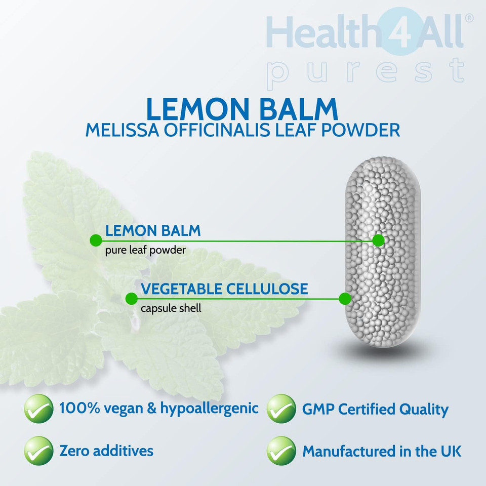 Health4All Lemon Balm 450mg 60 Capsules, Melissa for Anxiety & Stress During The Day, Purest Supplement, Additives Free | Vegan Capsules (not Tablets) Made in UK