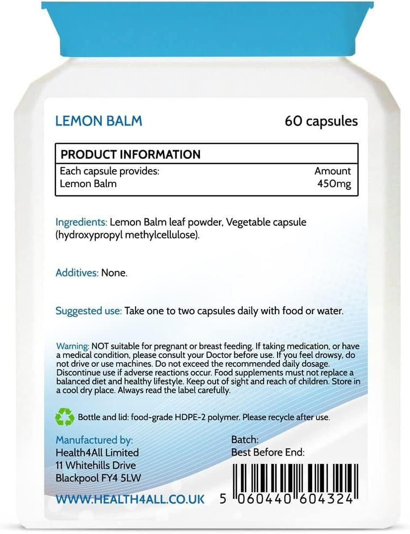 Health4All Lemon Balm 450mg 60 Capsules, Melissa for Anxiety & Stress During The Day, Purest Supplement, Additives Free | Vegan Capsules (not Tablets) Made in UK