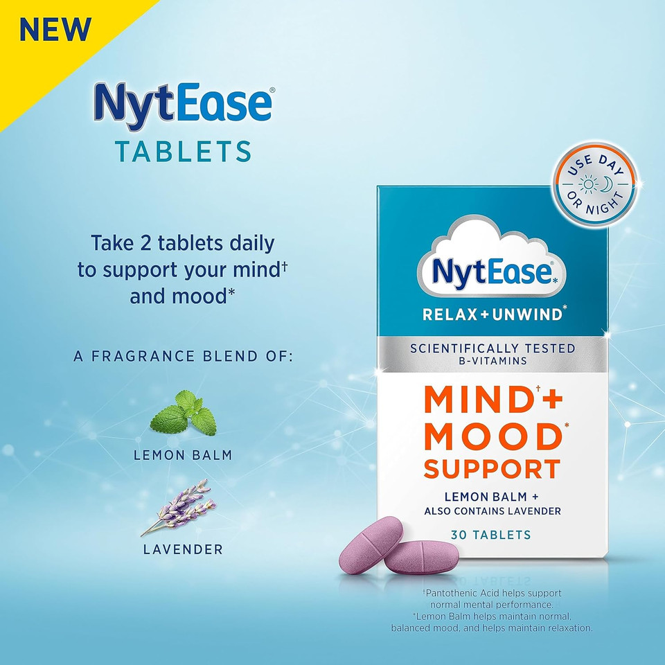 NytEase Relax and Unwind Tablets - Mind and Mood Support Formulated with Pantothenic Acid, Vitamin B1, B2, B6 and B12, Lavender Extract and Oil, and Lemon Balm Extract