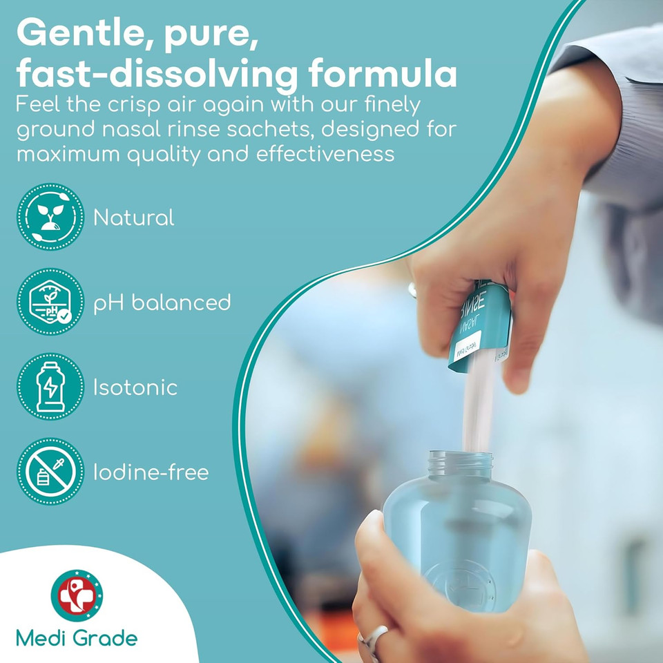 Medi Grade Saline Nasal Rinse Salt Sachets for Nasal Irrigation, 130 Sachets x 4.5g - All Natural, Isotonic, pH Balanced Nose Cleaner Nasal Wash Sachets for Clear Nasal Passages and Improved Breathing
