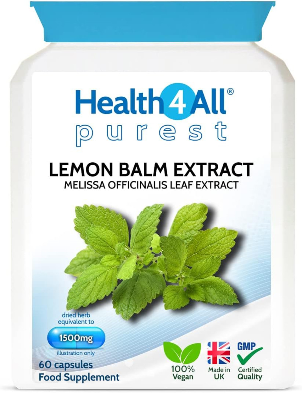 Health4All Lemon Balm Extract 1500mg per Capsule, 60 Capsules 2 Months Supply, High Strength Vegan Melissa for Anxiety, Sleep Support Supplement, Purest: no additives | Made in UK