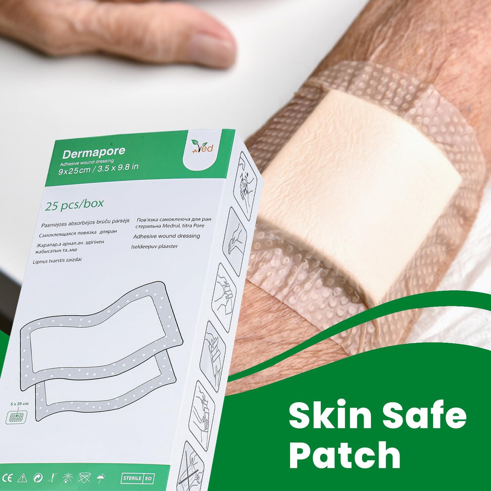 VED Dermapore Adhesive Wound Dressing- Suitable for cuts and grazes, Diabetic Leg ulcers, venous Leg ulcers, Small Pressure sores- Medium, 9 x 25 cm (Pack of 25) VED Dermapore Adhesive Wound Dressing- Suitable for cuts and grazes, Diabetic Leg ulcers, venous Leg ulcers, Small Pressure sores- Medium, 9 x 25 cm (Pack of 25)