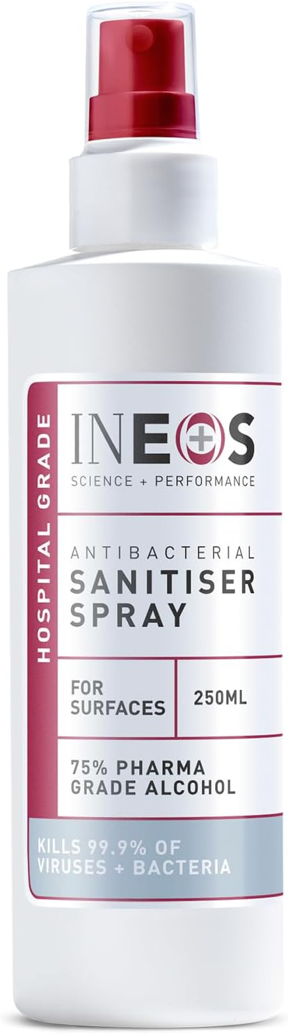 INEOS - Sanitiser Spray (250 ml) - Antibacterial Spray for Surfaces - 75% Pharma Grade Alcohol Based - Hospital Formula - Effective Against 99.9% of Viruses and Bacteria, Packaging May Vary