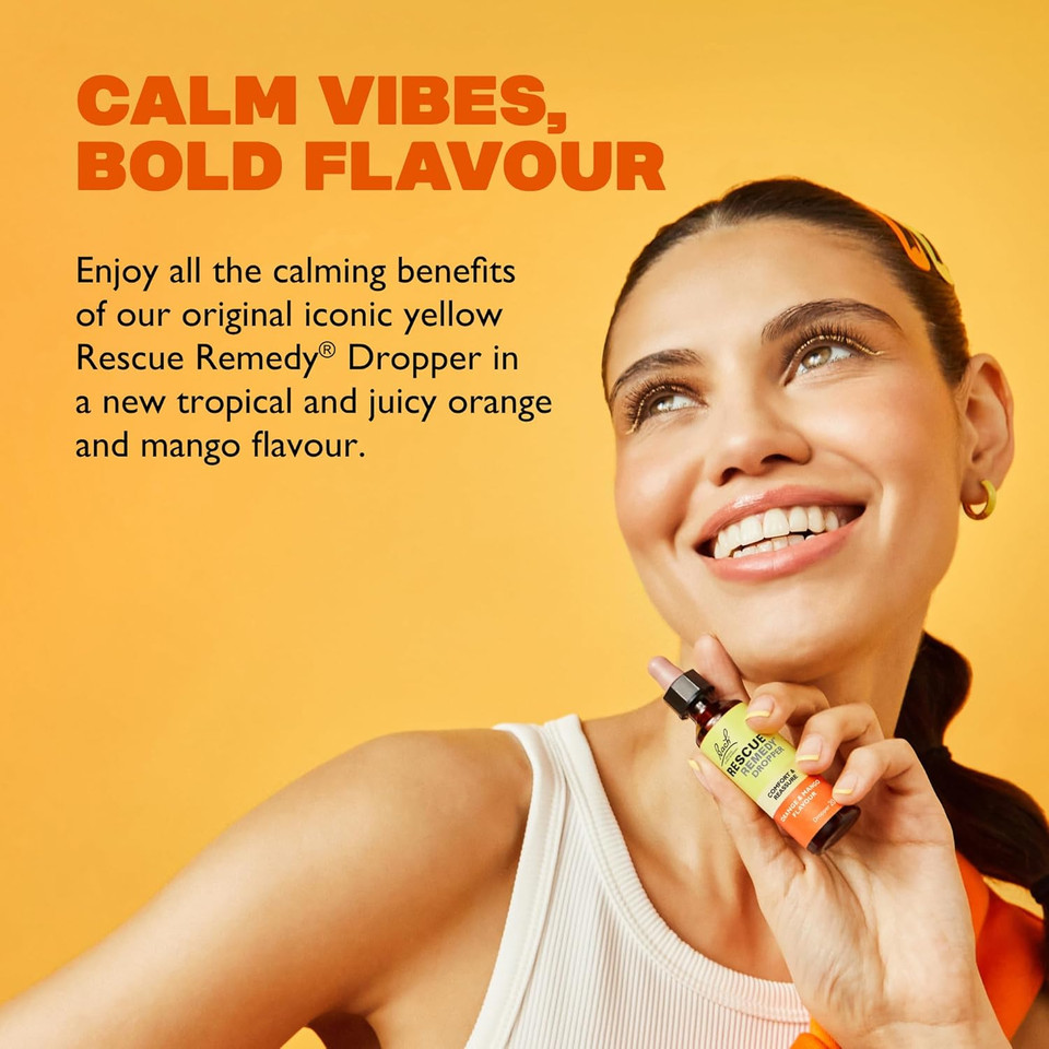 Rescue Remedy Dropper 20ml (Orange & Mango) Comfort & Reassurance, Alcohol Free, Natural Emotional Wellness Day Support, Flower Essence Vegan Formula, Travel, Exams