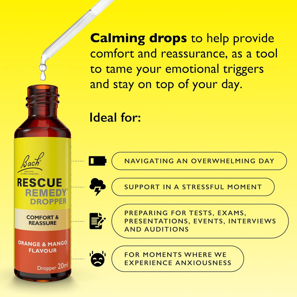 Rescue Remedy Dropper 20ml (Orange & Mango) Comfort & Reassurance, Alcohol Free, Natural Emotional Wellness Day Support, Flower Essence Vegan Formula, Travel, Exams