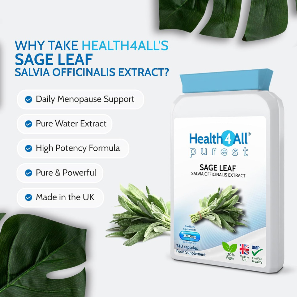 Health4All Sage Leaf 2500mg 240 Capsules 8 Months Supply, Purest Sage Water Extract for Menopause Support, High Strength Menopause Supplement One-a-Day Capsules (not Tablets) | Made in UK