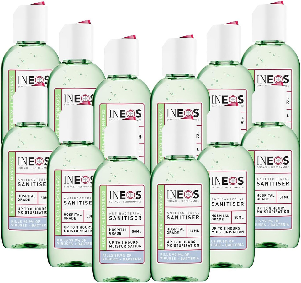 INEOS Mini Antibacterial Hand Sanitiser Gel 50ml - Aloe & Lemongrass - Hospital Grade Disinfectant, Eliminates 99.9% of Viruses and Bacteria, 12 x 50ml, Travel, Holiday, and Festival Essentials