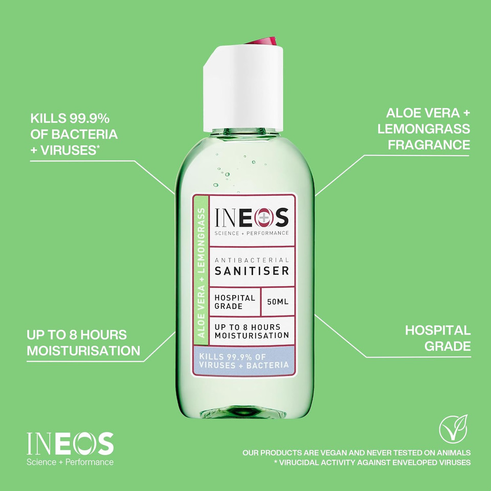 INEOS Mini Antibacterial Hand Sanitiser Gel 50ml - Aloe & Lemongrass - Hospital Grade Disinfectant, Eliminates 99.9% of Viruses and Bacteria, 12 x 50ml, Travel, Holiday, and Festival Essentials
