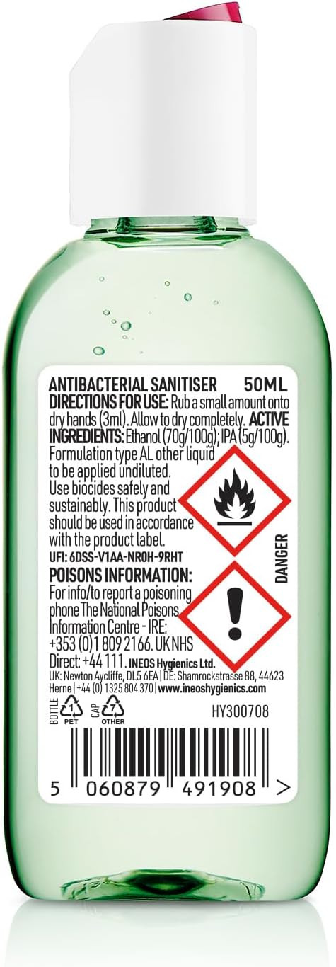 INEOS Mini Antibacterial Hand Sanitiser Gel 50ml - Aloe & Lemongrass - Hospital Grade Disinfectant, Eliminates 99.9% of Viruses and Bacteria, 12 x 50ml, Travel, Holiday, and Festival Essentials