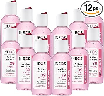 INEOS Mini Antibacterial Hand Sanitiser Gel 50ml - Rhubarb & Tonka - Hospital Grade Disinfectant, Eliminates 99.9% of Viruses and Bacteria, 12 x 50ml, Travel, Holiday, and Festival Essentials