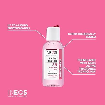 INEOS Mini Antibacterial Hand Sanitiser Gel 50ml - Rhubarb & Tonka - Hospital Grade Disinfectant, Eliminates 99.9% of Viruses and Bacteria, 12 x 50ml, Travel, Holiday, and Festival Essentials